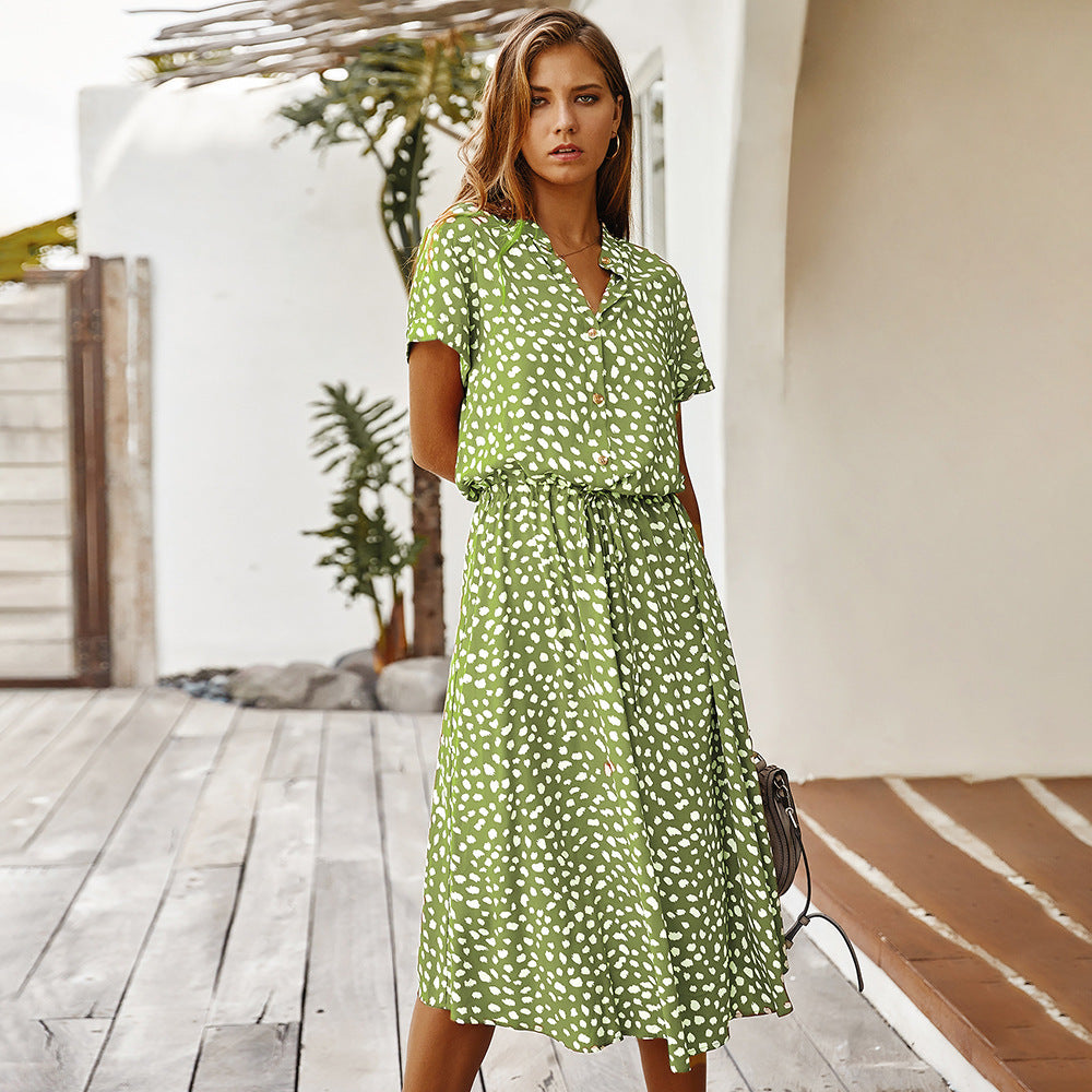 Stella | High-Waist Wave Point Short Sleeve Shirt Dress