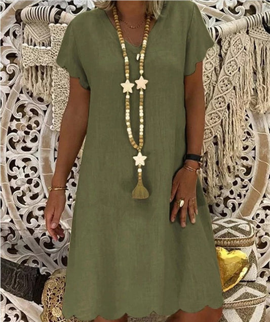 Mia | Short Sleeve V Neck Mid-Length Plain Dress for Women