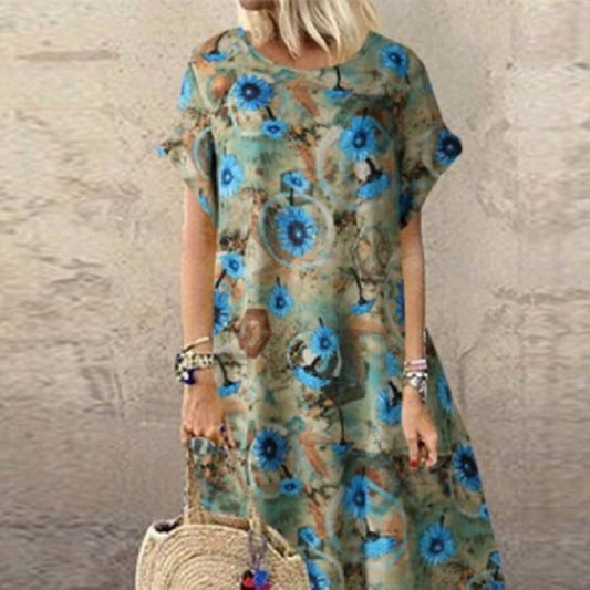 Woman wearing a floral dress with a neutral background