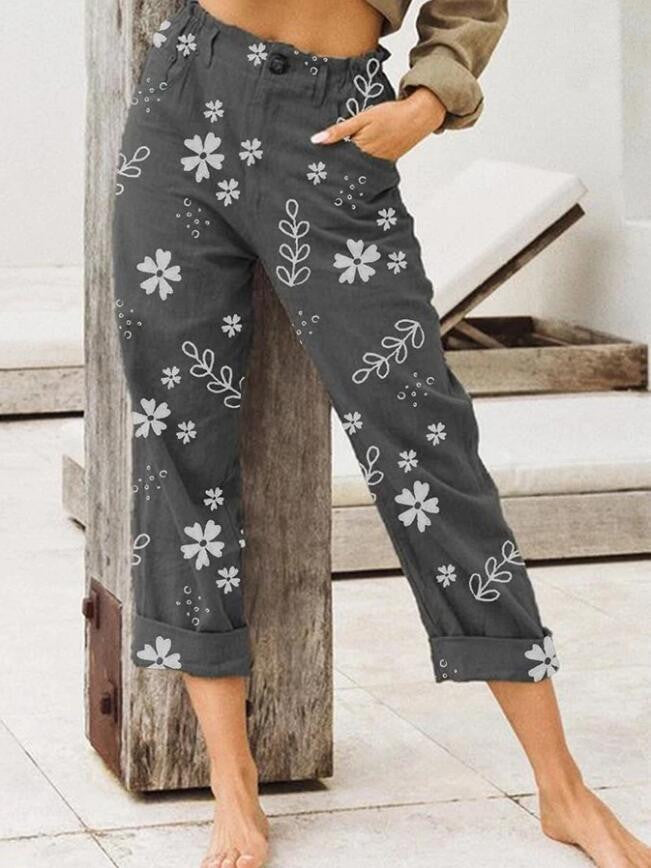 Floral Print Cropped Straight-Leg Pants for Women