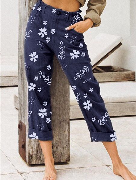 Floral Print Cropped Straight-Leg Pants for Women