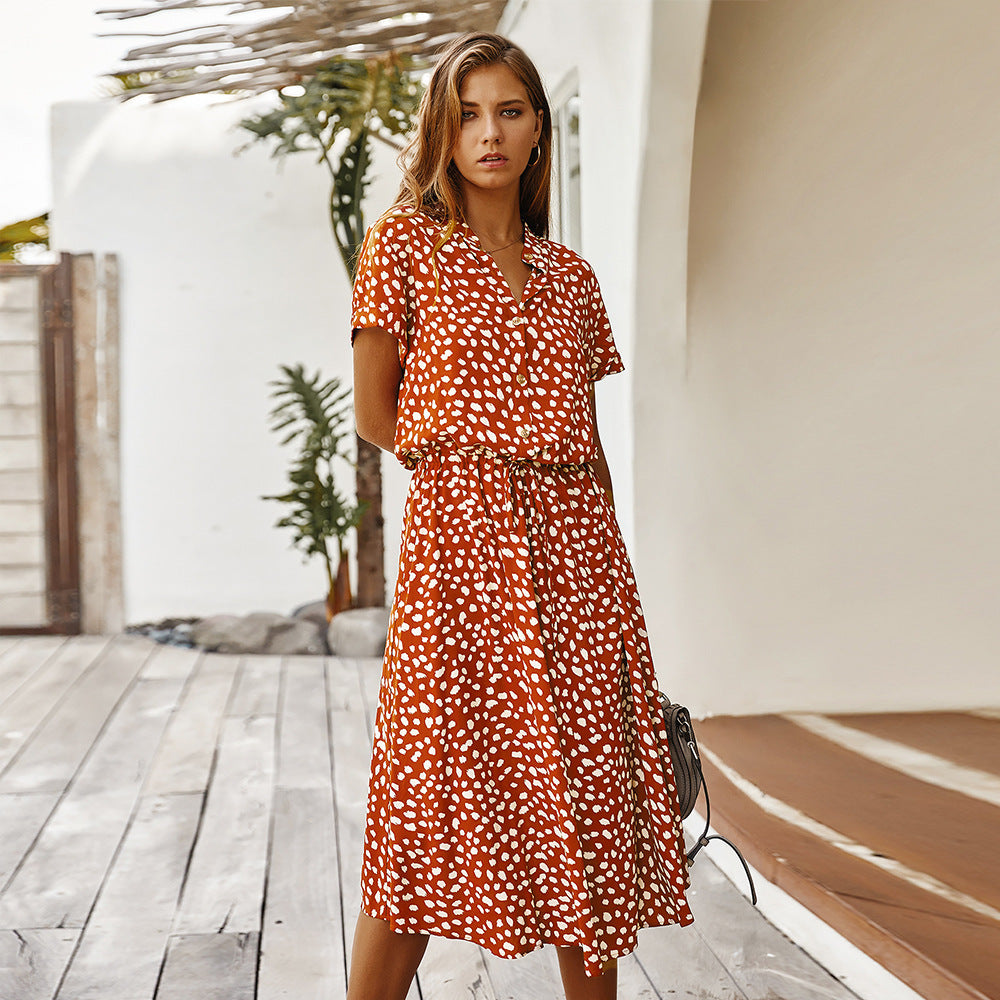Stella | High-Waist Wave Point Short Sleeve Shirt Dress