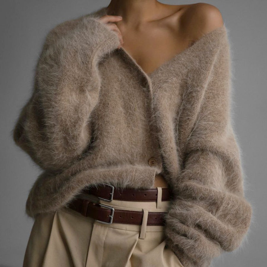 Loose V-neck Button Cardigan Fall Winter Single Breasted Knitted Sweater Top