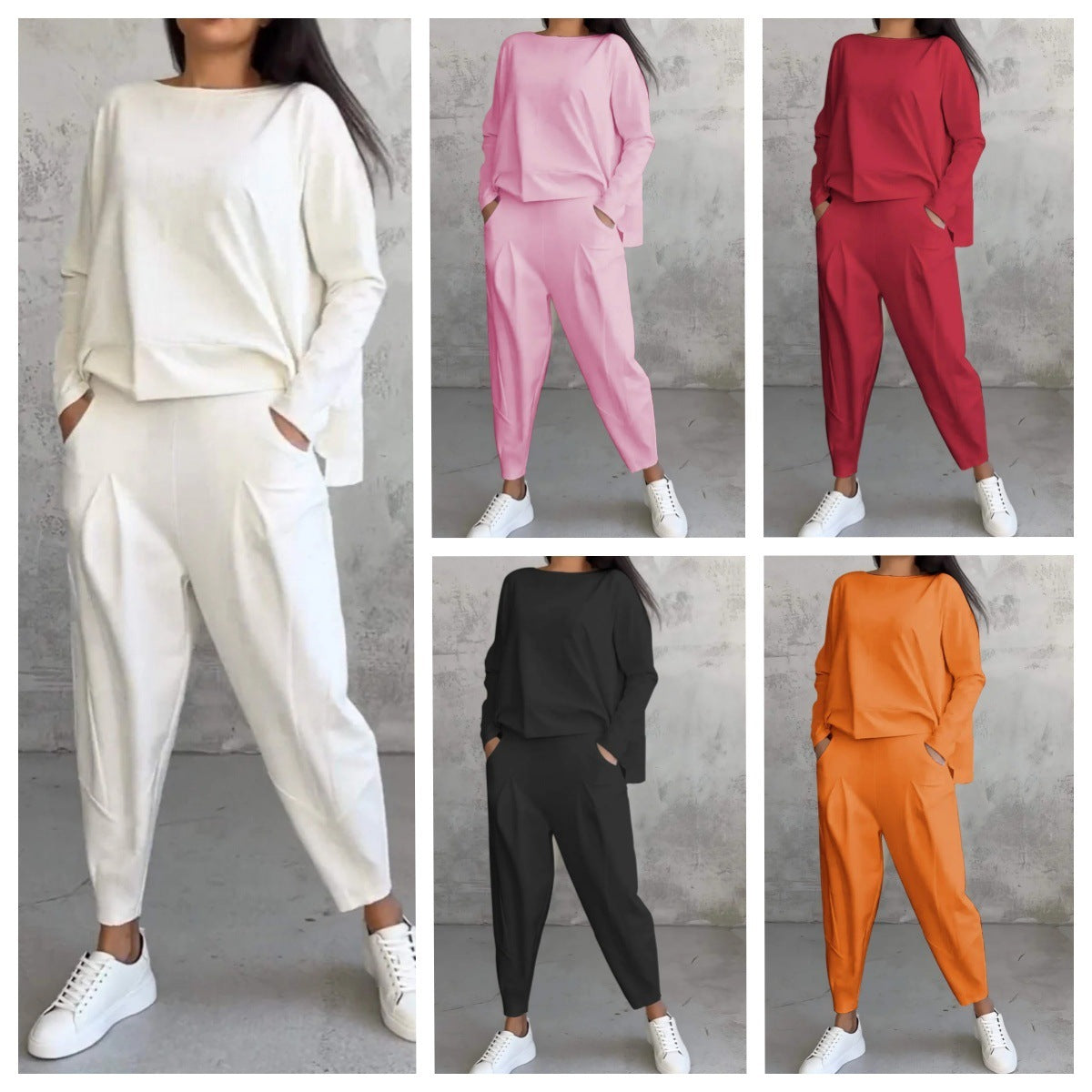 UrbanChic |White Women's Long-Sleeved Sweater and Harem Pants Suit