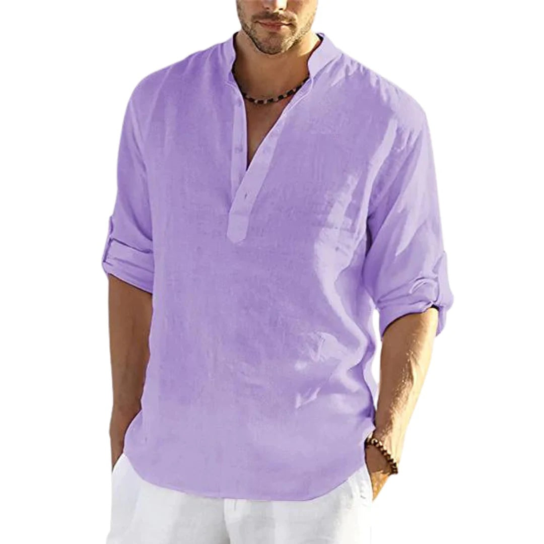 BreezeFit | Men's Cotton Linen Long Sleeve Stand Collar Shirt