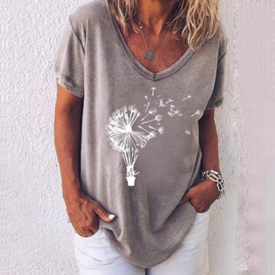 FloralWhisper – Lockere Bluse mit V-Ausschnitt und Löwenzahn-Print
