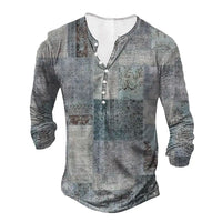 Men’s 3D Patchwork Print Long Sleeve Shirt with Buttoned Placket
