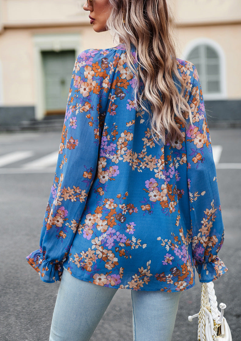 Women's Floral Chiffon Blouse | V-Neck Long Sleeve Casual Top