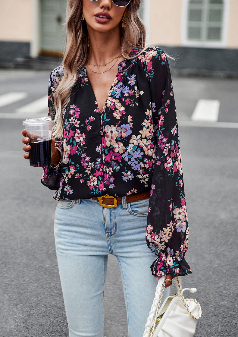 Women's Floral Chiffon Blouse | V-Neck Long Sleeve Casual Top