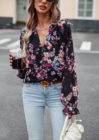 Women's Floral Chiffon Blouse | V-Neck Long Sleeve Casual Top