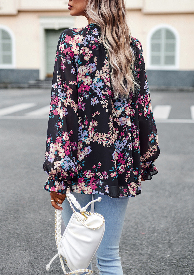 Women's Floral Chiffon Blouse | V-Neck Long Sleeve Casual Top