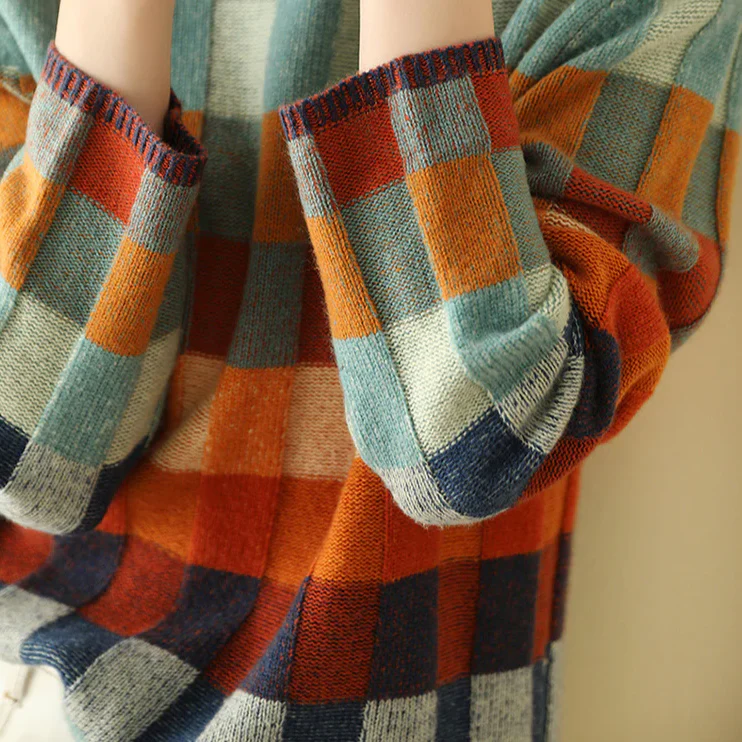 Lena | Checkerboard High Neck Wool-Look Sweater