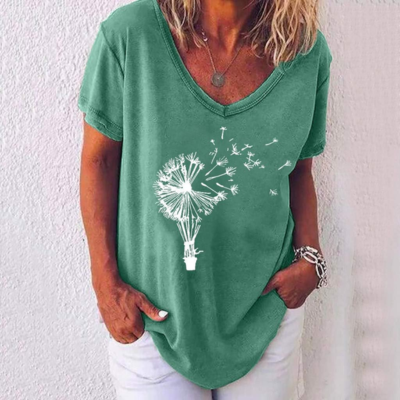 FloralWhisper – Lockere Bluse mit V-Ausschnitt und Löwenzahn-Print