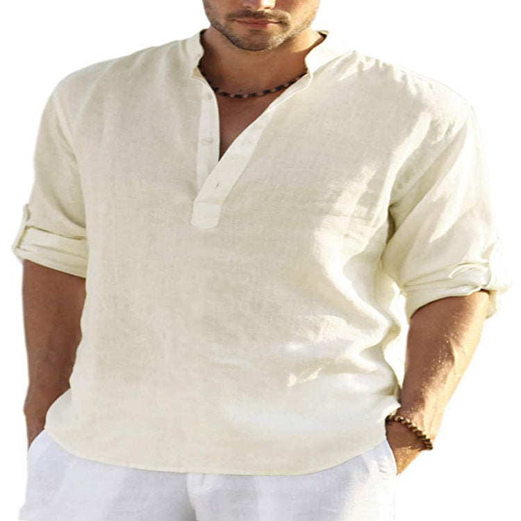 BreezeFit | Men's Cotton Linen Long Sleeve Stand Collar Shirt