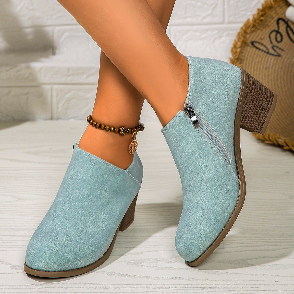 Chunky Heel Round Toe Ankle Boots With Side Zipper Design Fall Winter Short Boots
