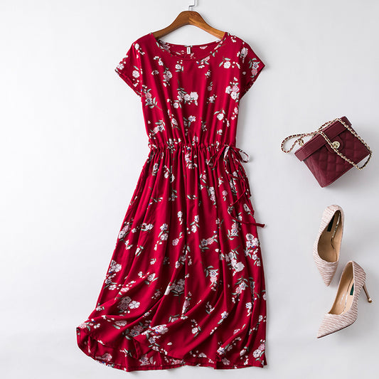 Elaine | Floral Cotton Silk Drawstring Midi Dress – Soft & Elegant