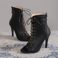 Women's Black Lace-Up Peep Toe Stiletto Heels with Buckle