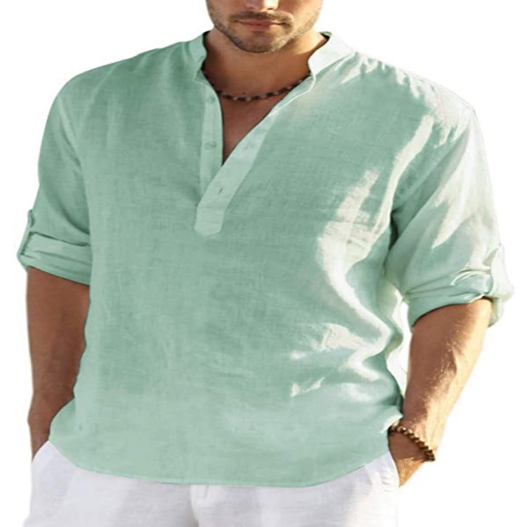 BreezeFit | Men's Cotton Linen Long Sleeve Stand Collar Shirt