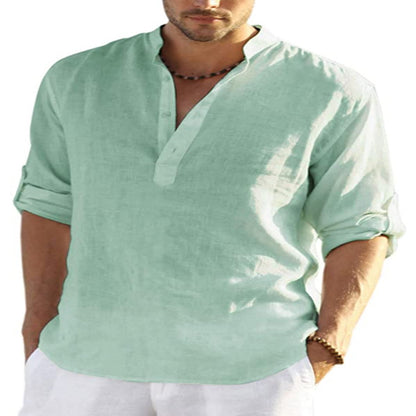 BreezeFit | Men's Cotton Linen Long Sleeve Stand Collar Shirt