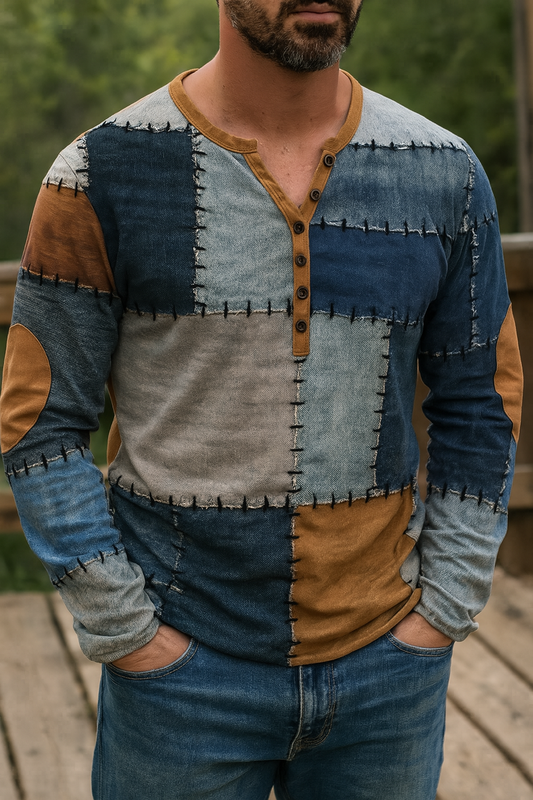Men’s 3D Patchwork Print Long Sleeve Shirt with Buttoned Placket
