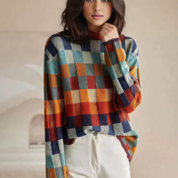 Lena | Checkerboard High Neck Wool-Look Sweater