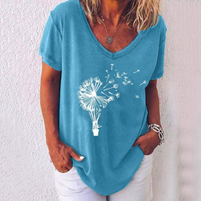 FloralWhisper – Lockere Bluse mit V-Ausschnitt und Löwenzahn-Print