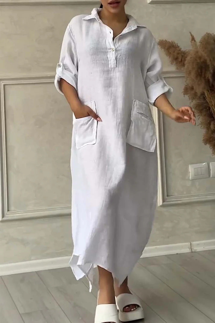 Annelin | Cotton Linen Polo Collar Pocket Dress for Women