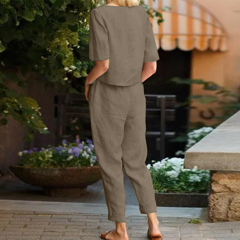 VersaLuxe | Women's Cotton-Linen Short Sleeve Top & Wide-Leg Pants Set