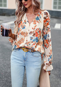 Women's Floral Chiffon Blouse | V-Neck Long Sleeve Casual Top