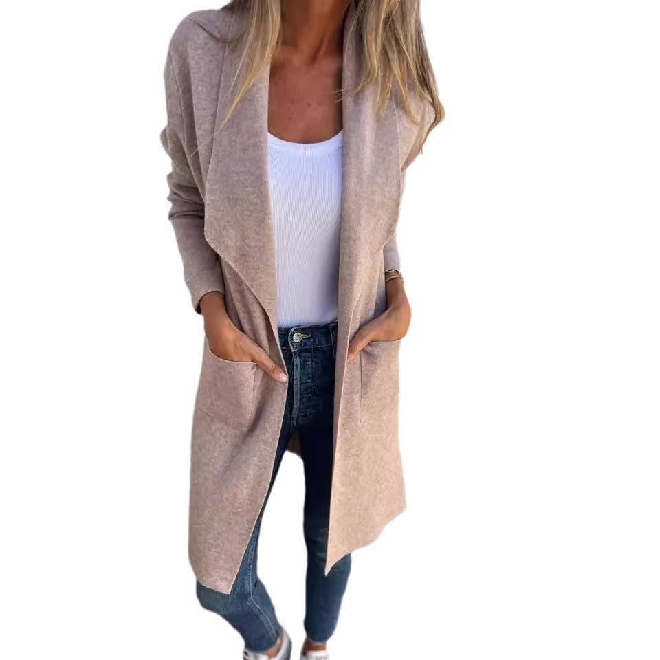 Herbst und Winter Revers Mittellange Strickjacke Dünner Wollmantel