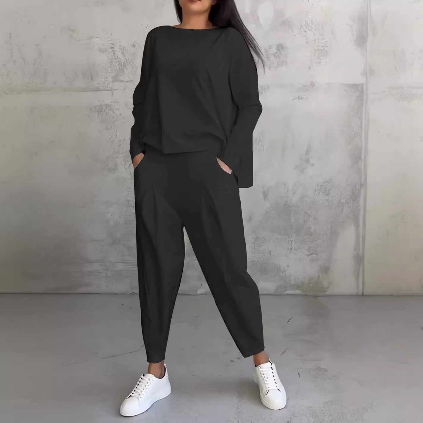 UrbanChic |White Women's Long-Sleeved Sweater and Harem Pants Suit