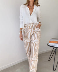 Yvette™ | Long-Sleeved Shirt with Printed Wide Leg Pant 2 Pcs Suit