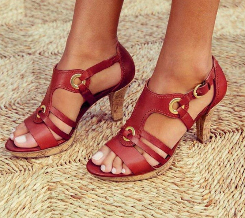 Women's Leather Strappy Heeled Sandals – Buckle