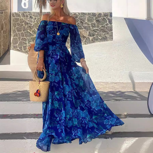 Ruth | Elegant Blue Off-Shoulder Lantern Sleeve Swing Dress