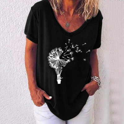 FloralWhisper – Lockere Bluse mit V-Ausschnitt und Löwenzahn-Print