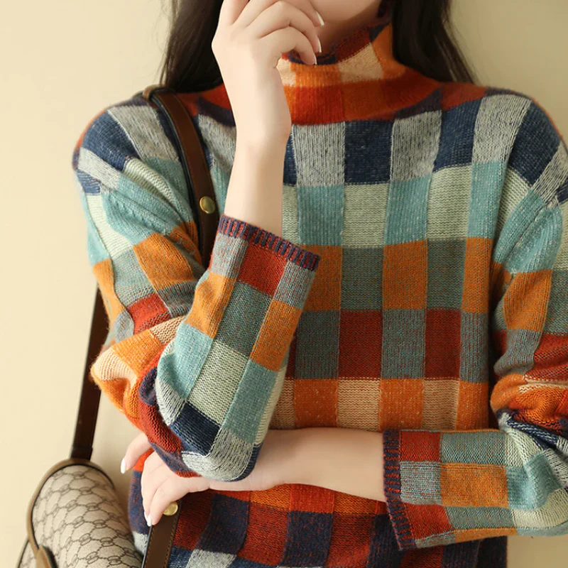 Lena | Checkerboard High Neck Wool-Look Sweater