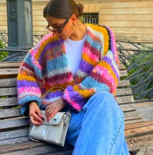 Bella | Rainbow Striped Knit Cardigan Sweater
