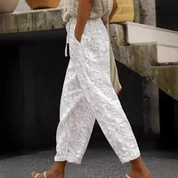 White Embroidered Cropped Pants with Pockets & Elastic Waist for Women