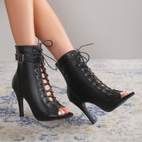Women's Black Lace-Up Peep Toe Stiletto Heels with Buckle