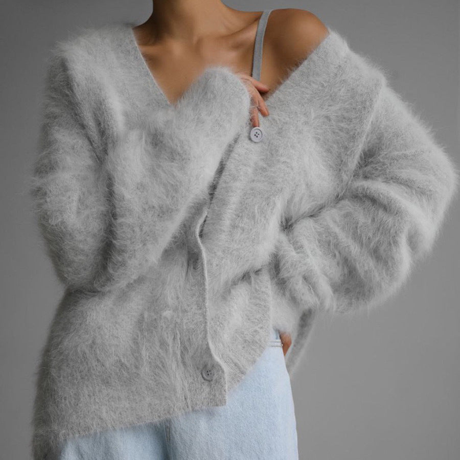 Loose V-neck Button Cardigan Fall Winter Single Breasted Knitted Sweater Top