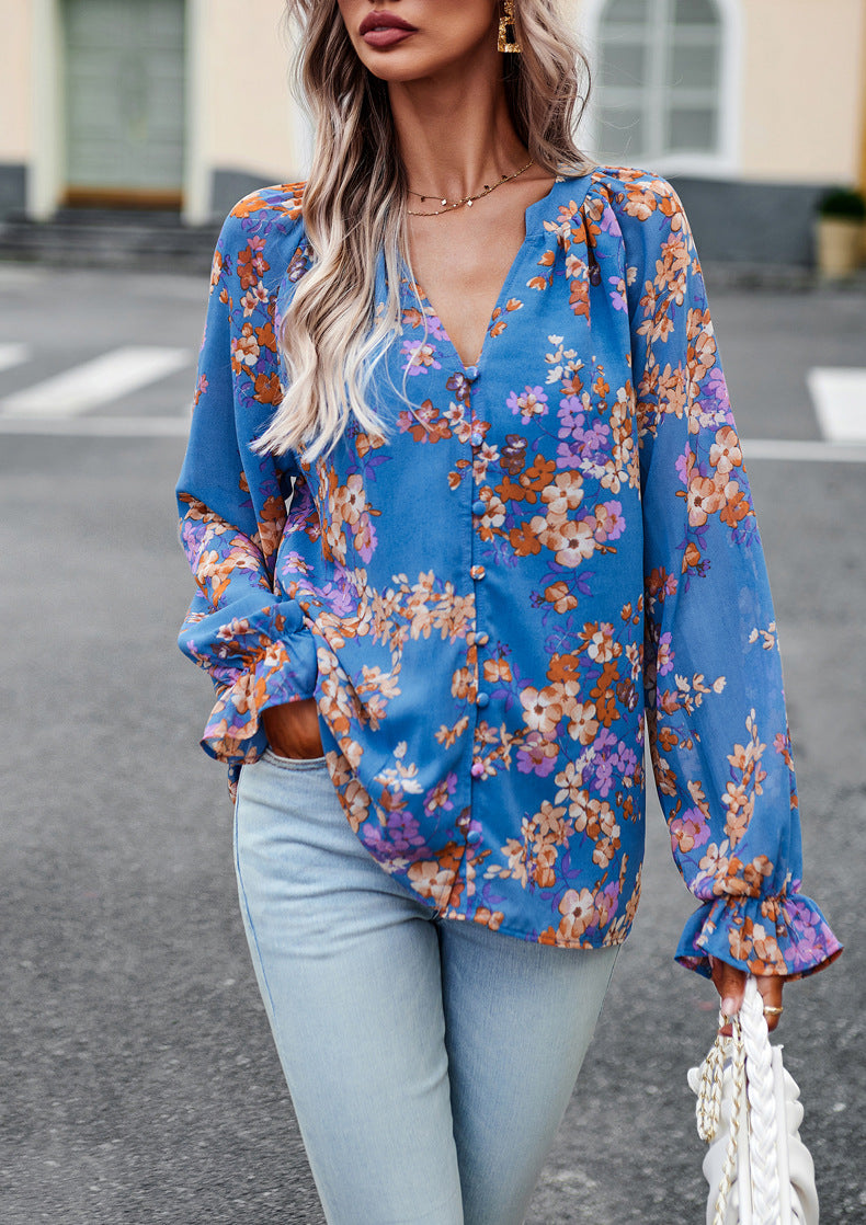 Women's Floral Chiffon Blouse | V-Neck Long Sleeve Casual Top