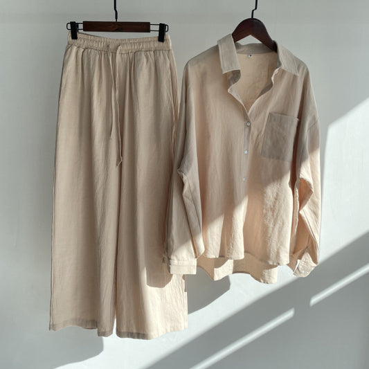 Liva | Summer Cotton and Linen Shirt Outfit with High-Waist Loose Trousers
