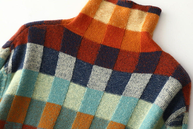 Lena | Checkerboard High Neck Wool-Look Sweater