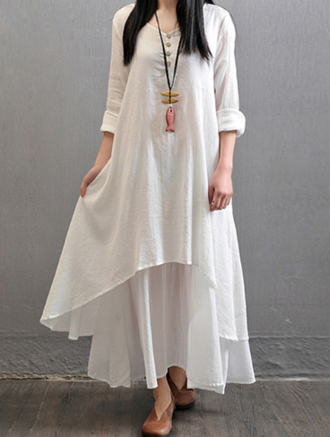 Arabelle | Retro Linen Cotton V-Neck Long Sleeve Swing Dress for Women