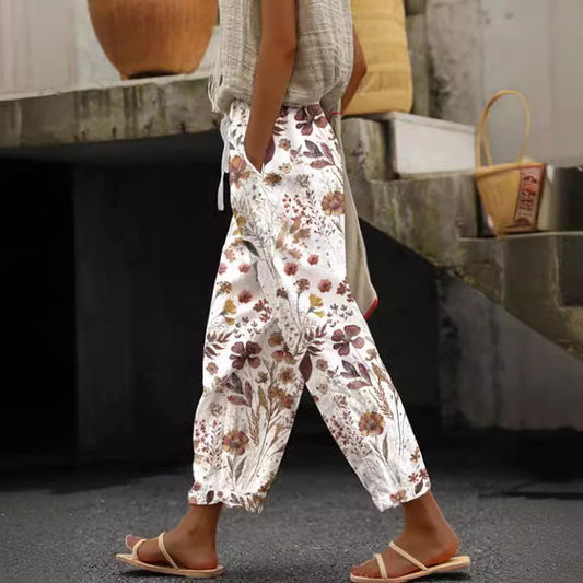 Floral Print Ankle-Length Casual Trousers for Women – All Seasons