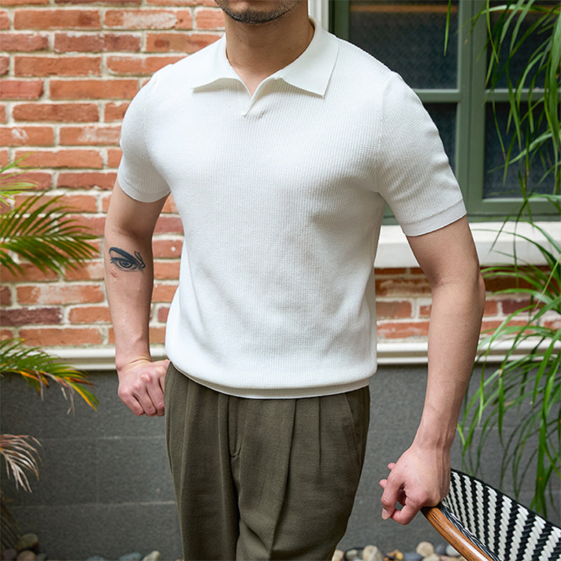 Men’s Retro Ribbed Knit Polo Short Sleeve Shirt