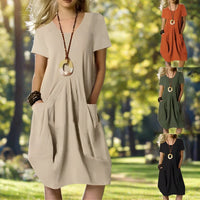 PocketPerfection Solid Cotton Short Sleeve Loose Fit Dress