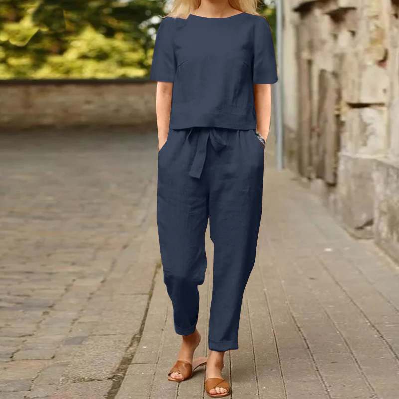 VersaLuxe | Women's Cotton-Linen Short Sleeve Top & Wide-Leg Pants Set