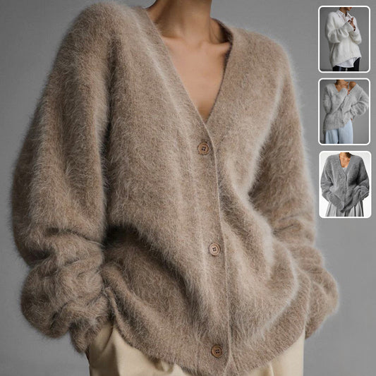 Lockerer V-Ausschnitt-Knopf-Cardigan Herbst Winter Einreihiges Strickpullover-Oberteil
