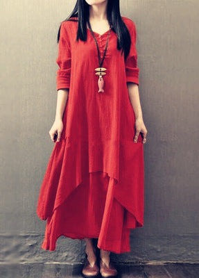 Arabelle | Retro Linen Cotton V-Neck Long Sleeve Swing Dress for Women